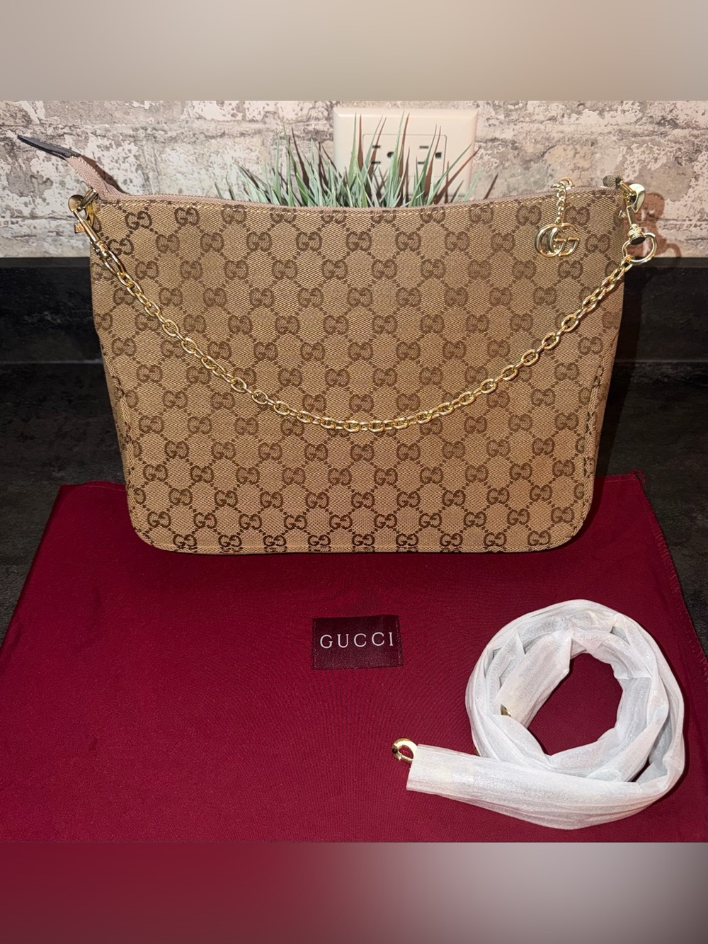 Gucci Monogram Shoulder Bag with Gold Chain